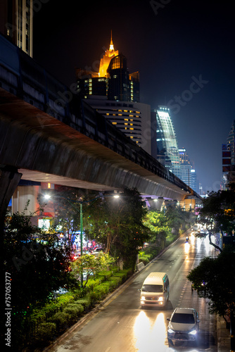Blurred night traffic in Bangkok city Thailand