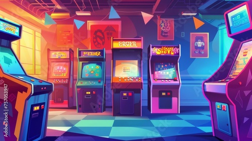 Retro computer club with game machines. Modern cartoon illustration of play zone interior design, old arcade cabinets with buttons, console joystick, 80s vintage pinball equipment, poster on the photo