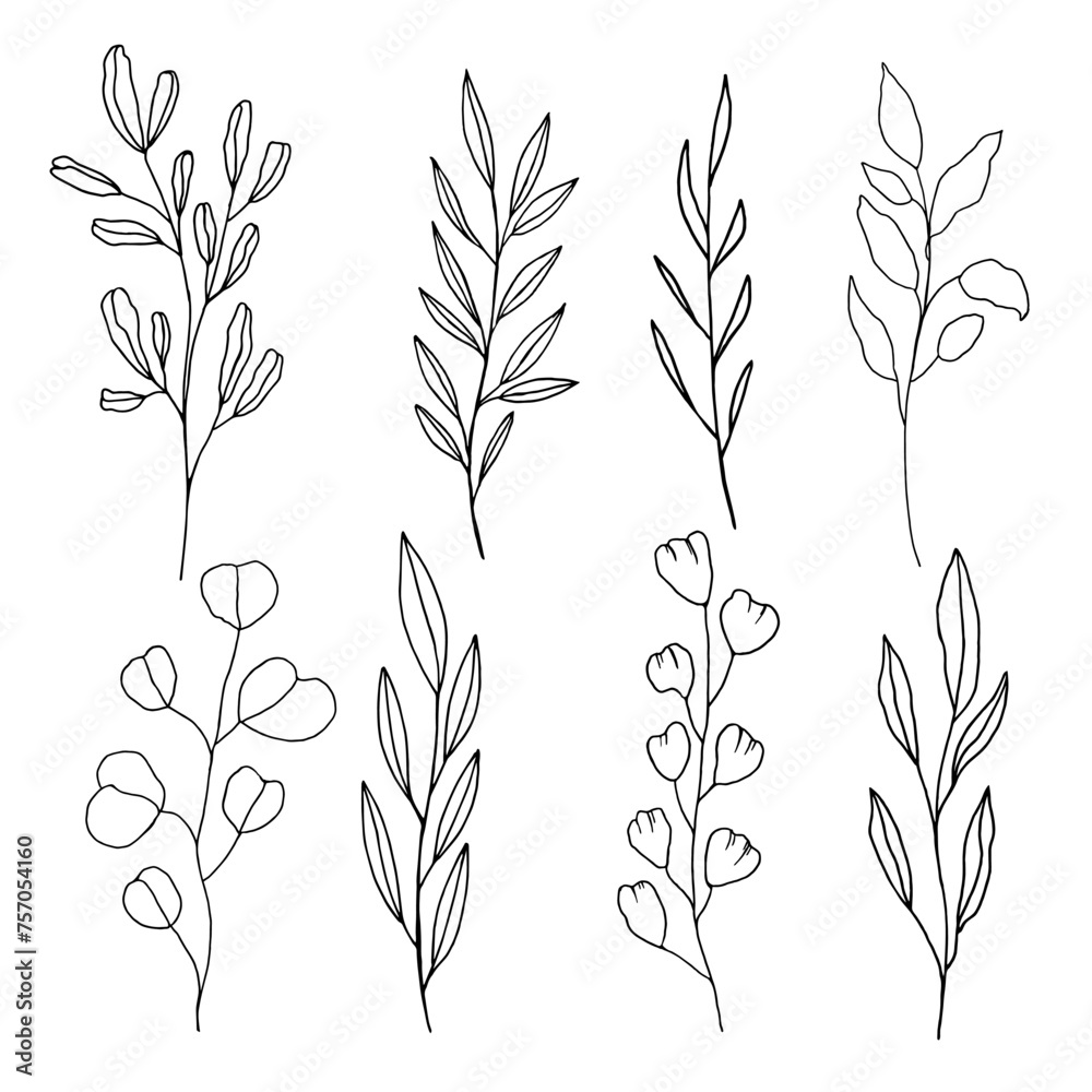 Naklejka premium Hand Drawn Black And White Spring Flowers On White Background. Sketch. Doodle style 