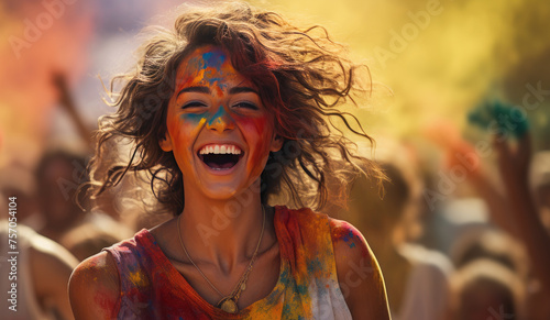 Happy Woman with colorful face enjoy at holi color festival.The most colorful festival on the planet, Holi is an annual Hindu religious festival.