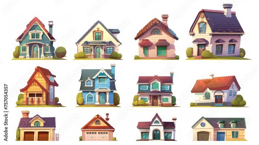 In this cartoon modern illustration set, there are three different views of a big family home exterior, including windows, doors, roofs with chimneys, and garages...