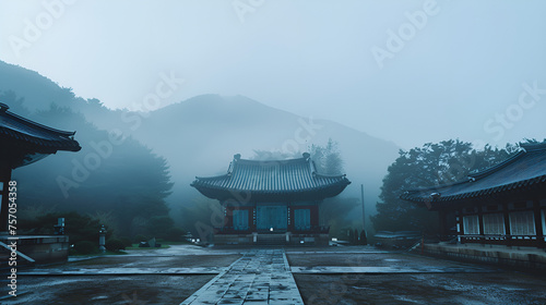 Ancient pagoda atop majestic mountain peak surrounded by nature photo