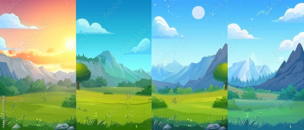 Summer daytime landscape of field and trees, rocky hills and sky with clouds with clouds in the sky during the four days of the week - sunny afternoon, dawn and sunset, and dark night.