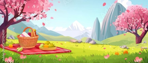 In a cartoon spring scene with outdoor lunch, there is a picnic setup with treats and fruits in a wicker basket on green grass under cherry blossom trees near a rocky mountain foot.