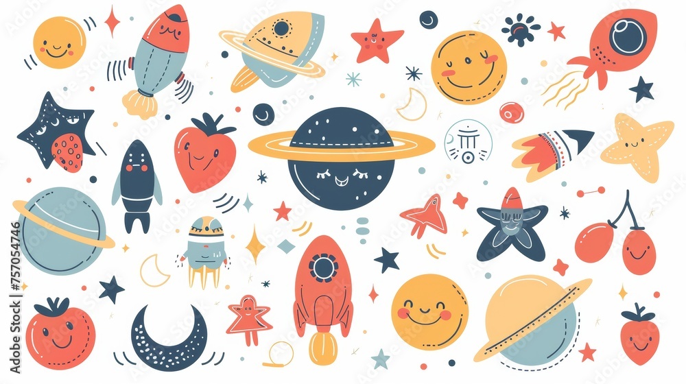 Decorative, sticker, kid, clipart, retro groovy hippie elements modern set. Cartoon characters, doodle smile face, spaceship, tomato, moon, melody. Decorative, sticker, kid, clipart, retro groovy hippie elements modern set. Cartoon characters, doodle smile face, spaceship, tomato, moon, melody.