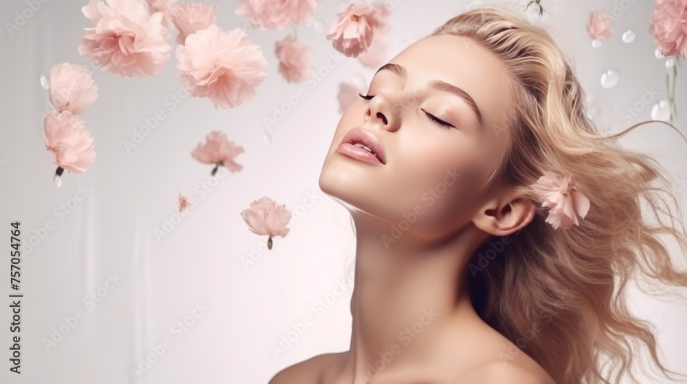 beauty portrait of a beautiful woman with developing hair and flying flowers, the concept of gentle anti-age care