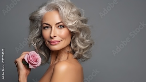 beauty portrait of a beautiful woman 55 years old with gray hair and healthy skin with light makeup and a rose, the concept of anti-aging care and mature beauty, copy space