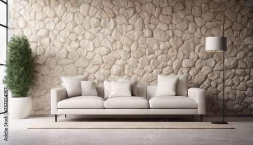  A modern living room in a Mediterranean-style home features a white sofa adorned with beige pillows, positioned near a window with a view, against a backdrop of a stone-clad wall.