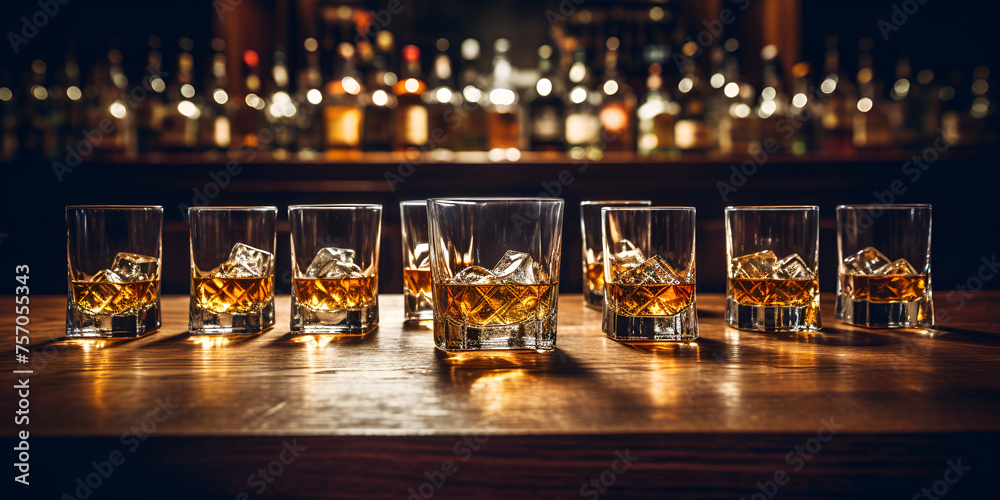 banner gentleman, mens club with lot of glasses Scotch whiskey on old wooden on bar counter in nightclub, dark atmosphere luxury . - obrazy, fototapety, plakaty 
