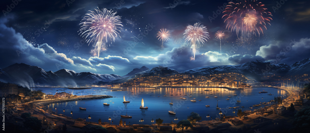 Fireworks festival in the main city in the island - obrazy, fototapety, plakaty 