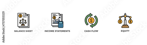 Financial statements banner web icon vector illustration concept with icon of graph, balance sheet, pie chart, income statements, money, calculator, income, earning, cash flow, equity, and balance	