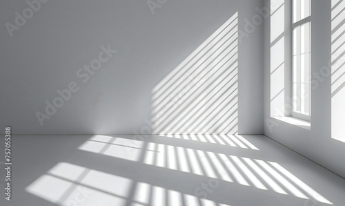 Empty white room with window and shadows from sunlight. Business background concept.
