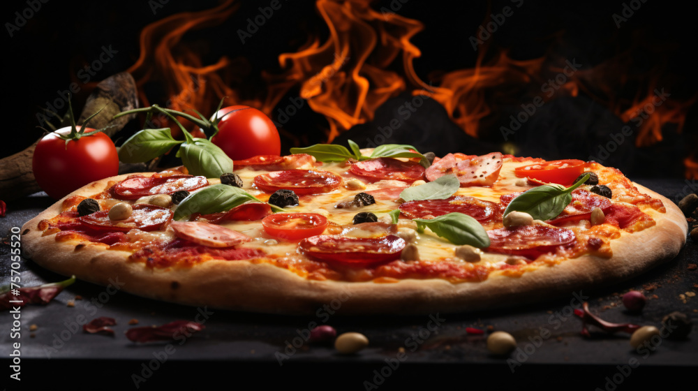 Close up front view of fresh hot pizza on black stone