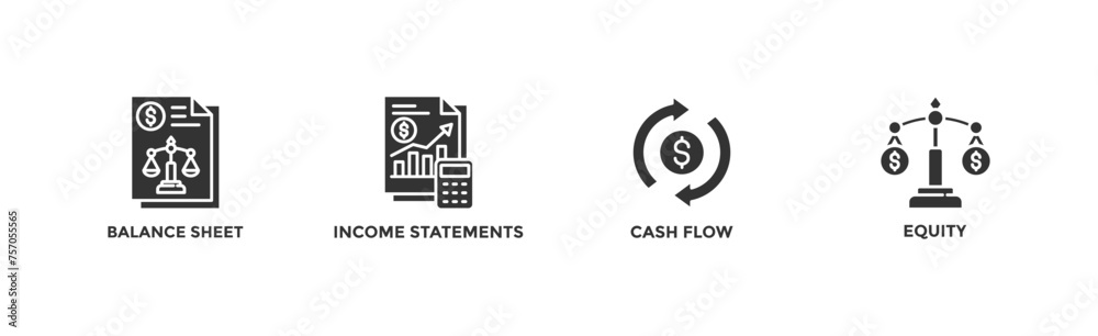 Financial statements banner web icon vector illustration concept with icon of graph, balance sheet, pie chart, income statements, money, calculator, income, earning, cash flow, equity, and balance	
