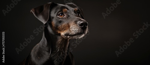 A black and brown dog from the Sporting Group is gazing up at the camera with its ears perked and snout alert, standing against a dark background © AkuAku