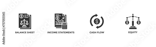 Financial statements banner web icon vector illustration concept with icon of graph, balance sheet, pie chart, income statements, money, calculator, income, earning, cash flow, equity, and balance	