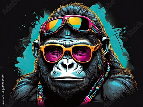 Gorilla with sunglasses on head on black and blue background in graffiti style art. Generated AI.