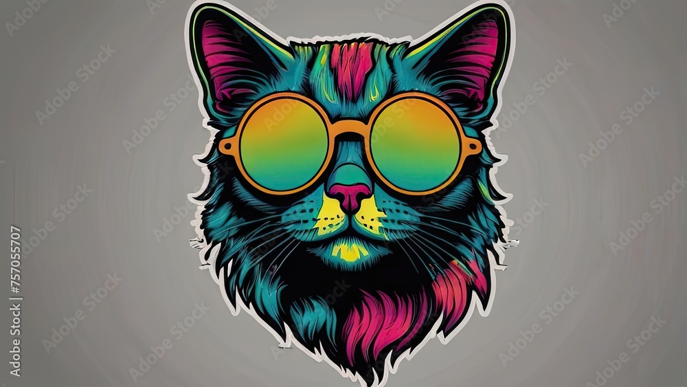 Cat in sunglasses on gray background graffiti style. Generated AI.