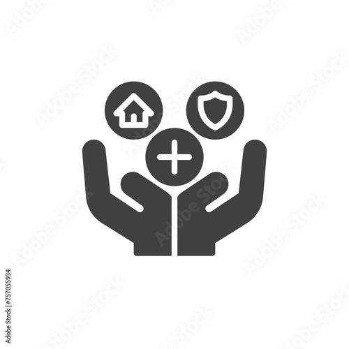 Hands with home and shield vector icon