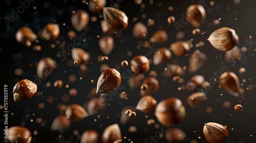 Dynamic almonds in mid-air on a dark background  capturing movement and texture. a perfect image for health and nutrition themes. AI
