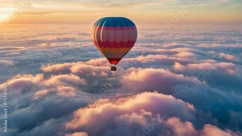 Hot air balloon soars at dawn above the clouds. Generative AI Video. ProRes HQ 59.94 FPS available in 4K 16:9. photo