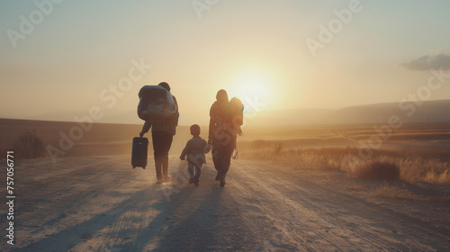 Flucht aus dem eigenen Land Asyl beantragen mit Migrationshintergrund, lange Reise zu Fuß, Bildung Kind Generative AI photo