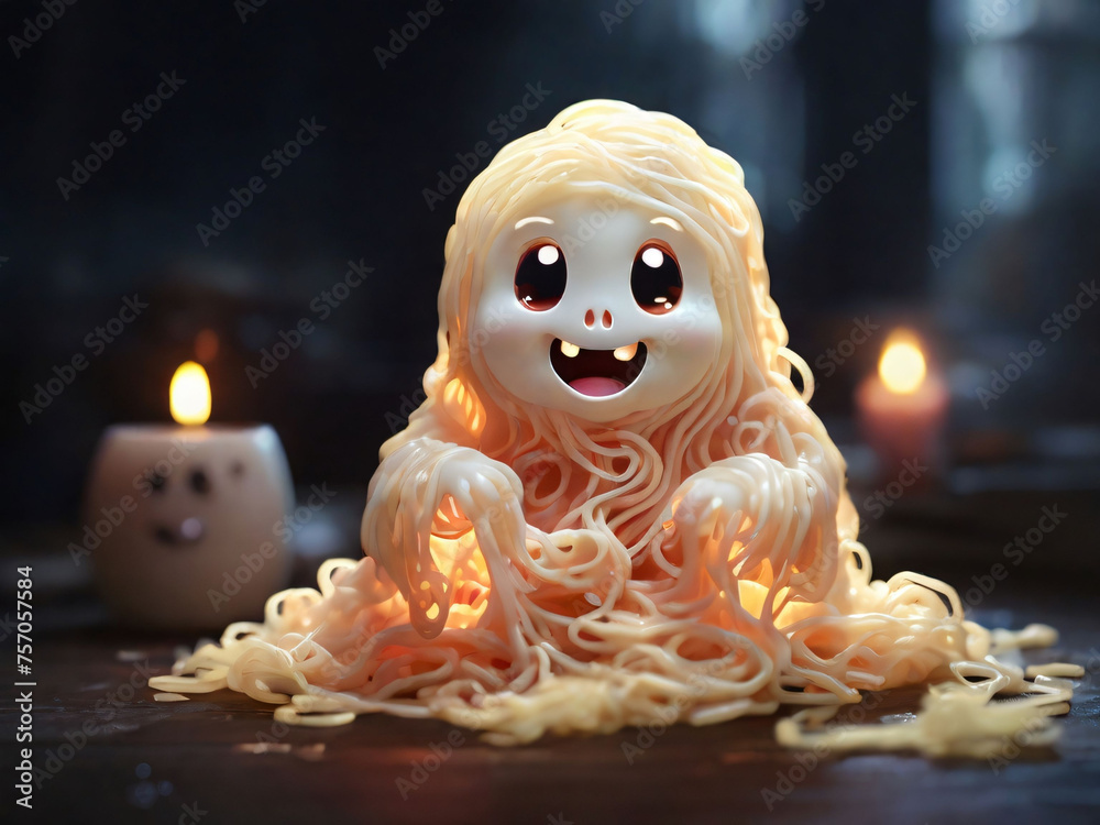 Fototapeta premium cute blushing ghost made from 3d rendered glow in the dark yellow noodles, dark background, copy space,