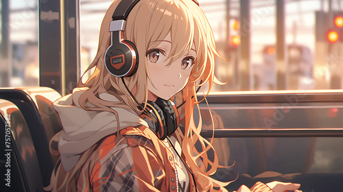 Cartoon Girl using headset in lofi train © Tendofyan