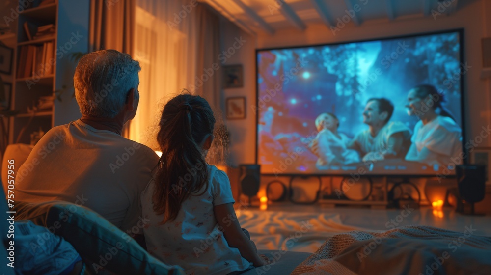 Family movie night, Classic film on projector screen, Multigenerational, Heartwarming and familial, Person watching movie in the room Family movie night, Classic film on projector screen, Multigenerational, Heartwarming and familial, Person watching movie in the room