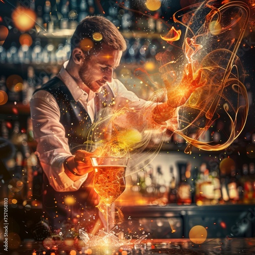 Bartender making a hot cocktails with fire in shot glass, in the style of photo taken with provia, expressionist emotiveness.