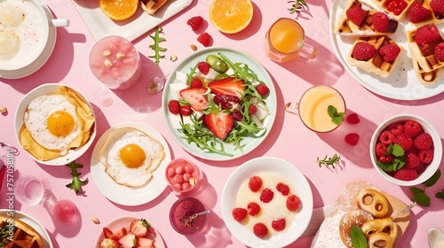 Colorful brunch spread with fresh fruits and light dishes. healthy breakfast table setup. ideal for a summer gathering or a family meal. simple, vibrant, and appetizing scene. AI