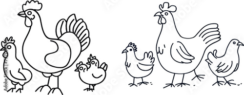 One line chicken family.Animal chicken bird farm minimalism