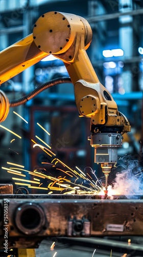Modern high-tech automated robot arms welding and cutting metal in factory