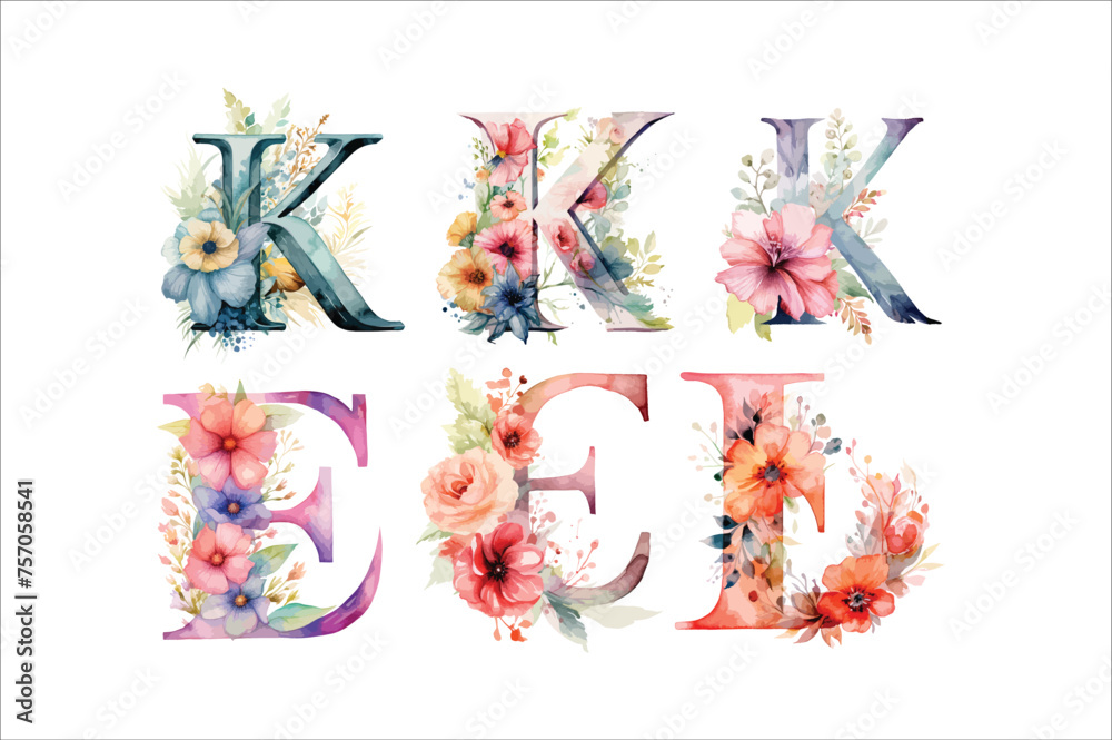 
A Watercolor Alphabet,  A Botanical Alphabet in Watercolor, Hand-painted Floral Letters, a Whimsical Watercolor Alphabet, and Elegant Floral Letters in Watercolor.
