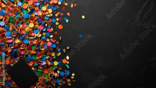 A colorful carnival or party frame of balloons, streamers, and confetti on rustic wood planks with copy space, surrounding a cheerful happy birthday cake.