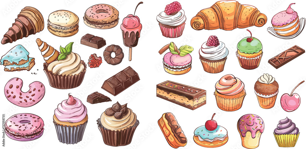 Bakery sweets, muffin cakes, ice cream, hand drawn candies, chocolate bar and macarons