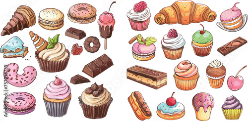 Bakery sweets, muffin cakes, ice cream, hand drawn candies, chocolate bar and macarons