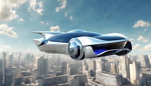 Skybound Dreams: The Era of Flying Cars"Description: Capture the sleek lines of a futuristic flying cars soaring gracefully through a clear blue sky. Emphasize the sense of freedom and innovation as 