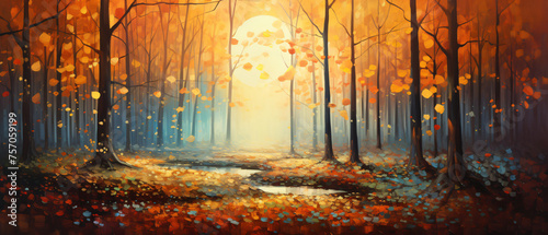 Forest in autumn at sunset time abstract oil painting