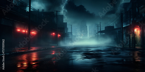 Wet asphalt, reflection of neon lights, a searchlight, smoke. Abstract light in a dark empty street with smoke, smog. Dark background scene of empty street, night view, night city. © iqra