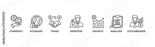 Forex banner web icon vector illustration concept with icon of currency, economy, trade, investor, growth, analysis and stockbroker	