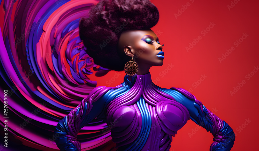 African woman in a colorful haute couture dress, with  hair up and makeup in the futuristic style posing on purple background