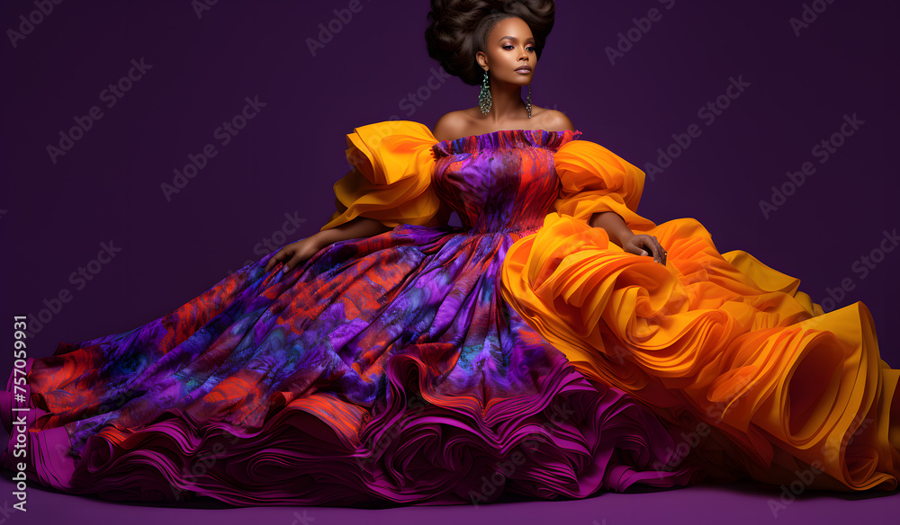 African woman in a colorful haute couture dress, with hair up and makeup in the futuristic style posing on purple background African woman in a colorful haute couture dress, with hair up and makeup in the futuristic style posing on purple background