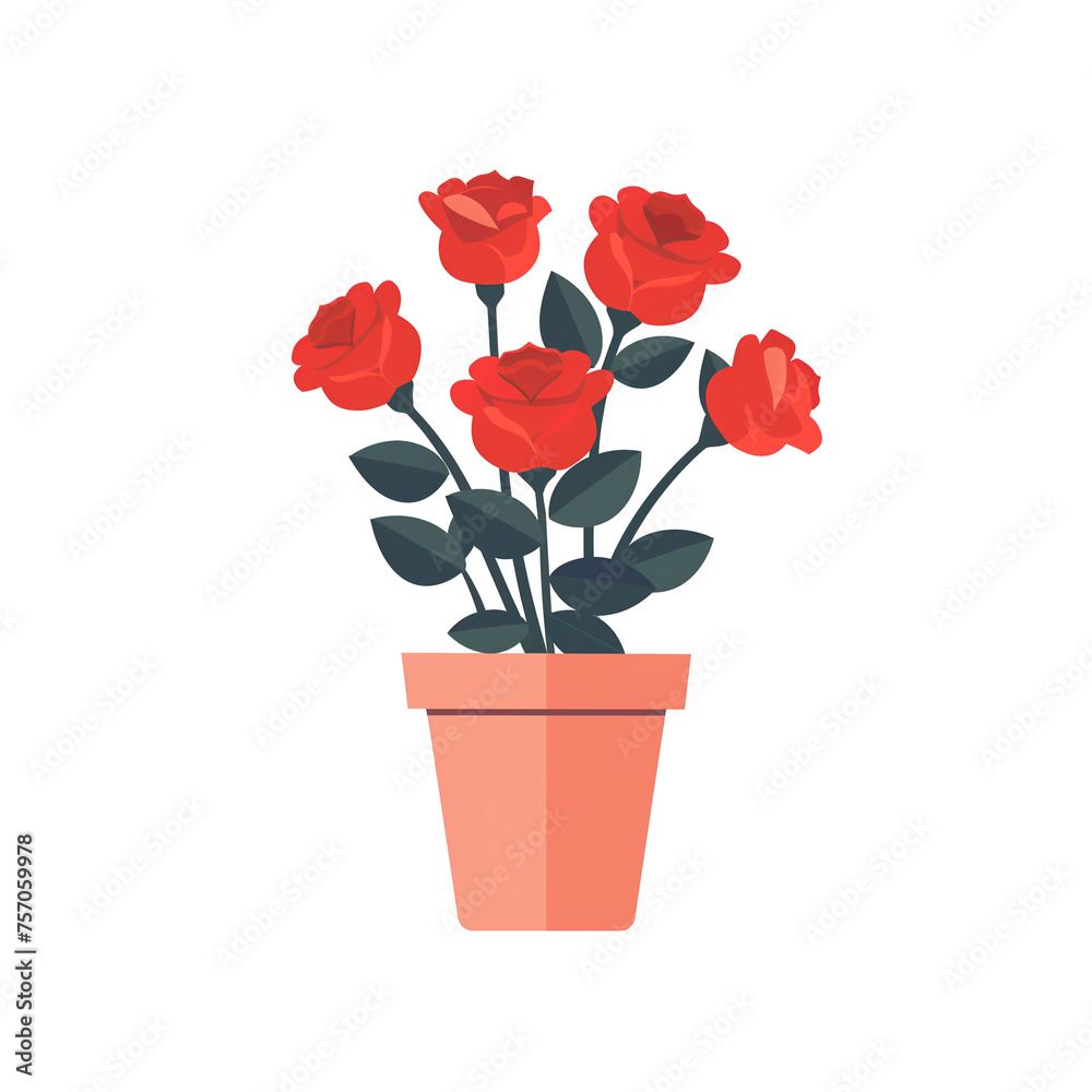 Icon illustration of red rose flowers plant in a pot, isolated on transparent background