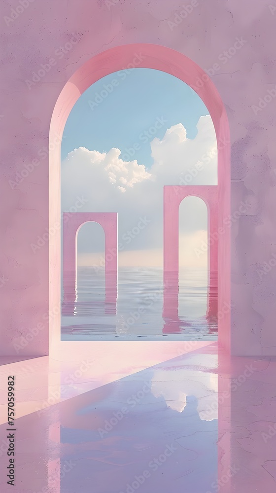 Minimalist Pink Archway Leading to a Serene Sea A Dreamlike 3D Render Landscape with a Tranquil Gradient Sky and Reflective Water Floor