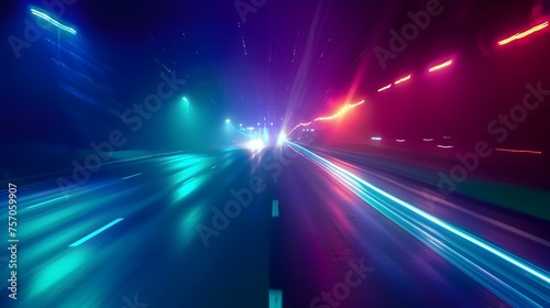 Fast-Moving Car on Night Highway with Vibrant Long Exposure Lights