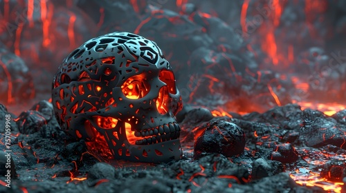 Lava Skull Intricately Patterned 3D Render Set against a Volcanic Backdrop
