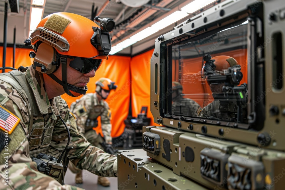 US soldiers training with advanced robot-assisted combat technology in a military facility
