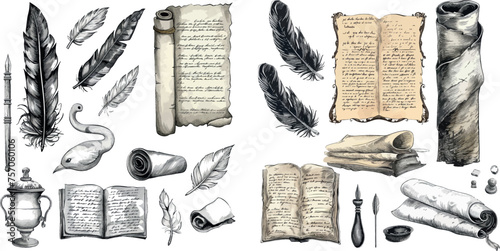 Sketch literature writing, writer feather and ink sketch illustration