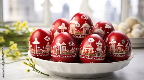 Photo of Greek Orthodox Easter celebration, traditional red eggs decorated with white patterns.